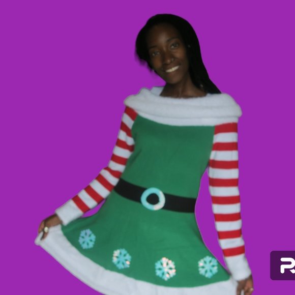 Holiday Time elf dress sequins on belt snowflake sequins in green, white, red  M - Picture 1 of 7